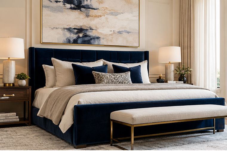 Navy upholstered bedroom with layered neutral bedding