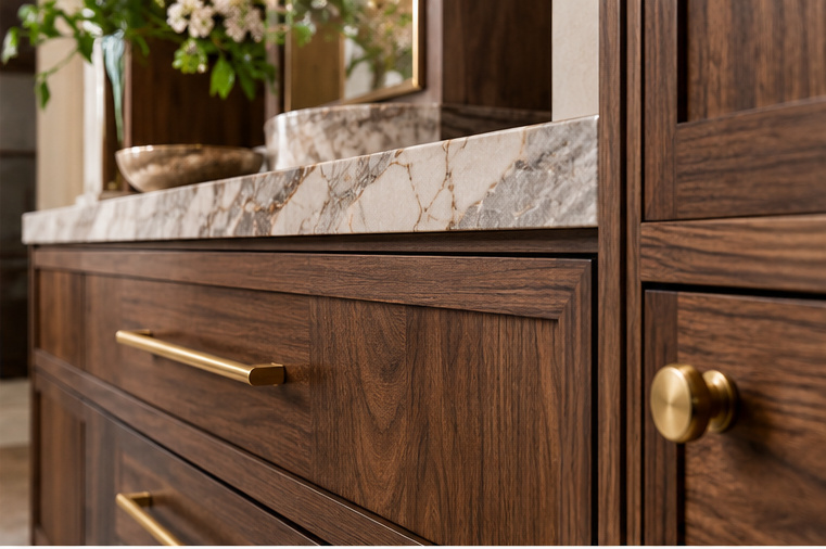 Walnut cabinetry with stone and brass hardware