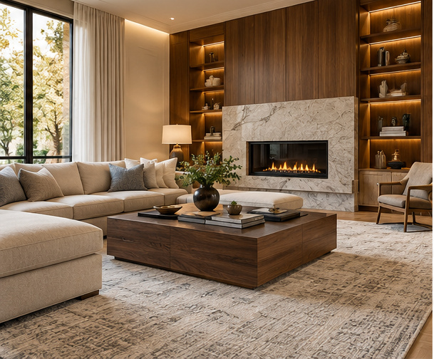 Warm living room with walnut detailing and fireplace