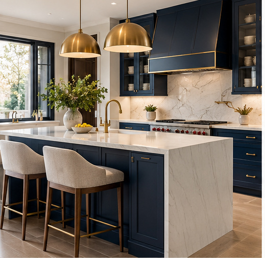 Navy kitchen cabinetry with marble island and brass details