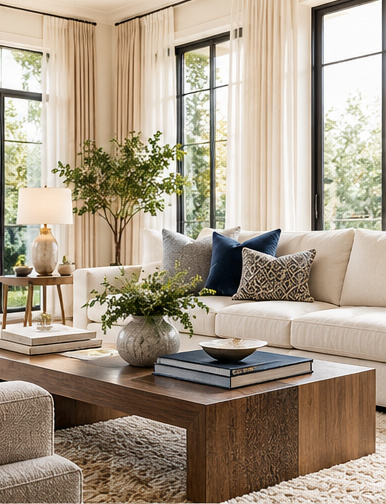 Bright living room with ivory seating and layered textures