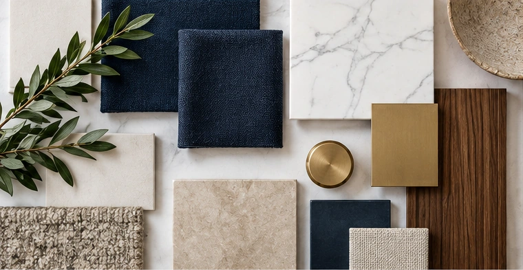 Curated contemporary material samples and finishes palette