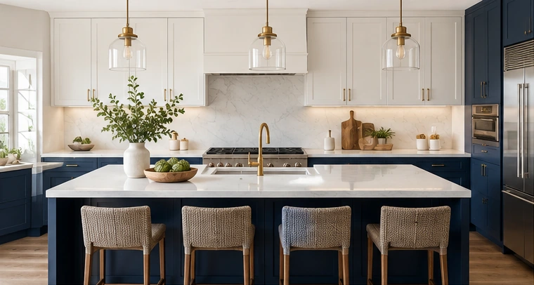 Contemporary blue kitchen with refined cabinetry and backsplash