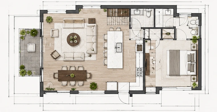 Architectural CAD-style space planning floor plan with furniture layout